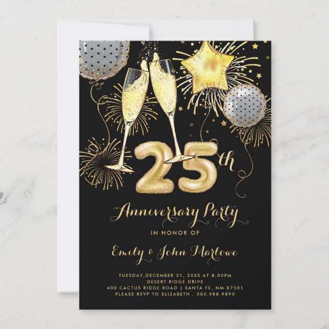 Invitation Balloons Champagne Noir Or 25e Anniversaire (Devant)