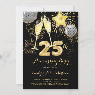 Invitation Balloons Champagne Noir Or 25e Anniversaire
