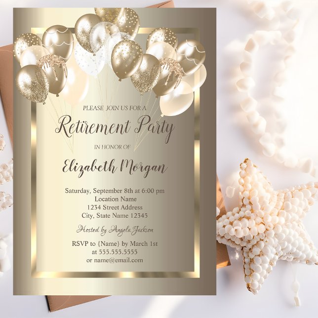 Invitation Balloons Chic, Cadre Doré, Retraite Champagne  (Créateur téléchargé)