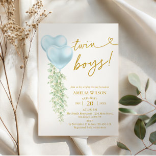 Invitation Balloons Cœur Bleu Élégants pour Jumeaux Garçons B