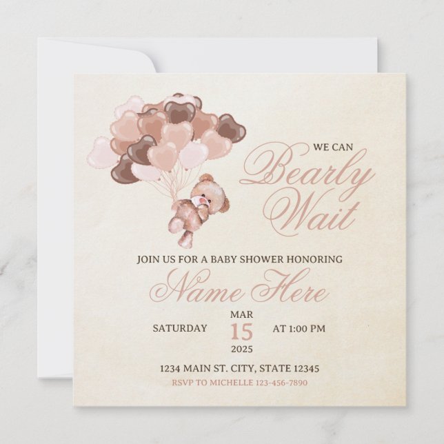 Invitation Balloons Coeur Tan Brown Baby shower Ours Teddy (Devant)