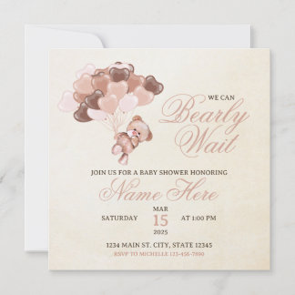 Invitation Balloons Coeur Tan Brown Baby shower Ours Teddy
