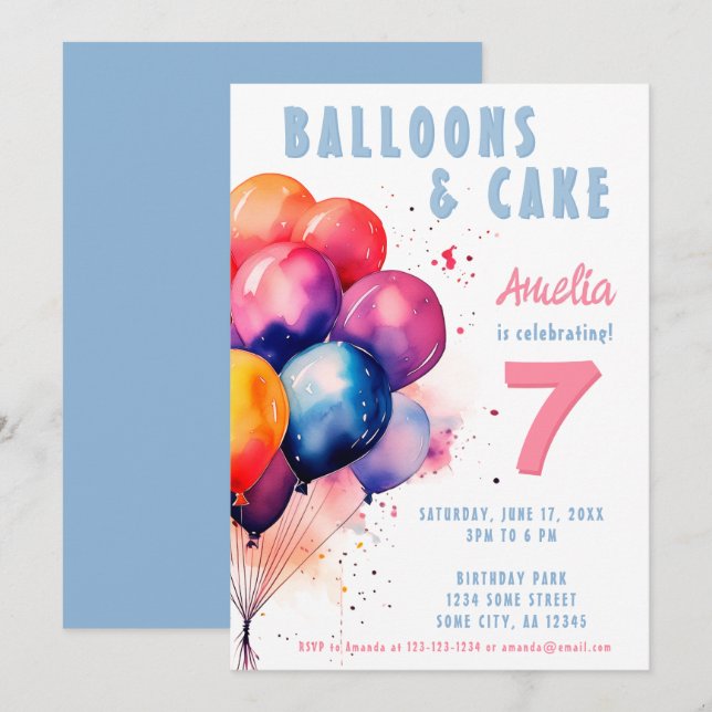 Invitation Balloons Colorés Aquarelle Enfants Fête d'annivers (Devant / Derrière)