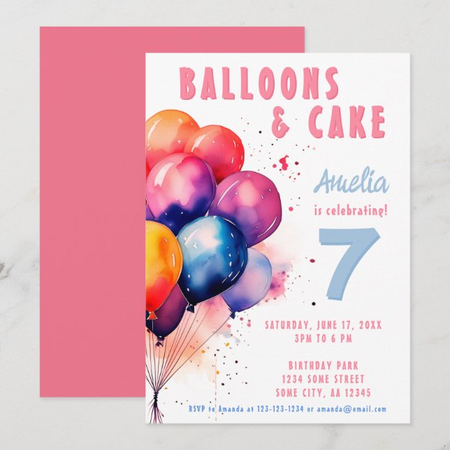 Invitation Balloons Colorés Aquarelle Fête d'anniversaire Enf (Devant / Derrière)