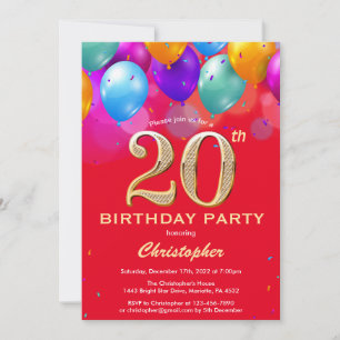 Invitation Balloons colorés rouges et or pour 20e anniversair