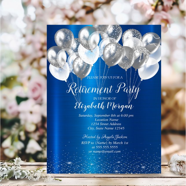 Invitation Balloons Confetti en argent Retraite en métal bleu (Créateur téléchargé)