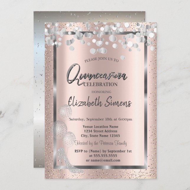 Invitation Balloons Confetti en argent Rose Gold Quinceañera (Devant / Derrière)