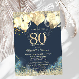 Invitation Balloons Confetti Pailletés Or Bleu 80ème