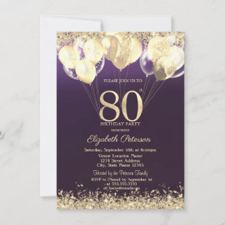 Invitation Balloons Confetti Pailletés Or Violet 80 ans
