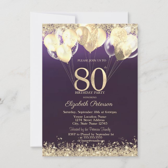 Invitation Balloons Confetti Pailletés Or Violet 80 ans  (Devant)