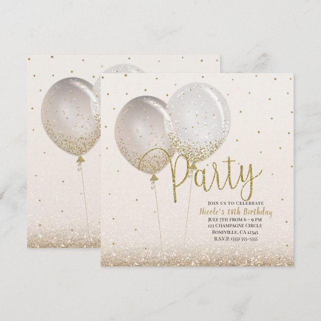 Invitation Balloons Confettis Anniversaire Rose Or Pailleté (Devant / Derrière)