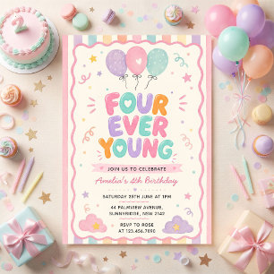 Invitation Balloons Confettis Four Ever Young 4ème Anniversai