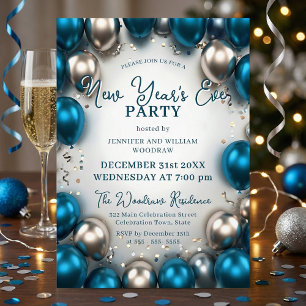 Invitation Balloons Confettis Nouvel An Bleu Turquoise Argent
