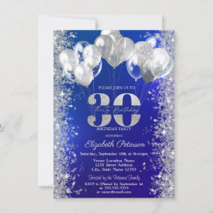 Invitation Balloons Confettis Pailletés Bleu Marine 30 ans An