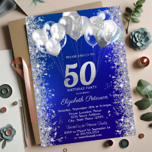 Invitation Balloons Confettis Pailletés Bleu Marine 50 ans An
