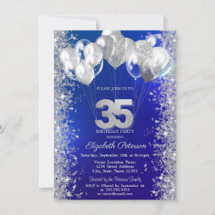 Invitation Balloons Confettis Pailletés Bleu Nuit 35e Anniver