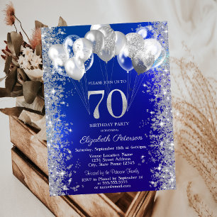Invitation Balloons Confettis Pailletés Bleu Nuit 70e Anniver