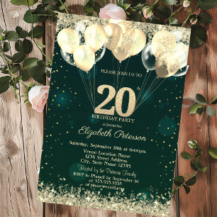 Invitation Balloons Confettis Pailletés Or Chic Vert 20ème