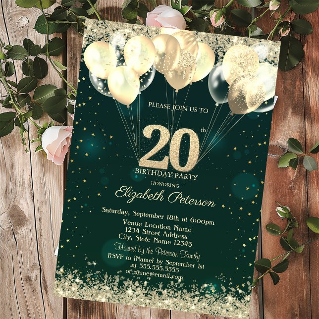 Invitation Balloons Confettis Pailletés Or Chic Vert 20ème (Créateur téléchargé)