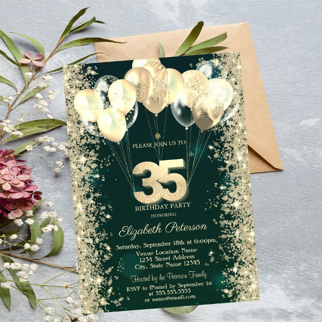 Invitation Balloons Confettis Pailletés Or Vert 35e Anniversa (Créateur téléchargé)