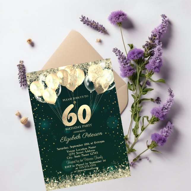 Invitation Balloons Confettis Pailletés Or Vert 60 ans Annive (Créateur téléchargé)