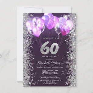 Invitation Balloons Confettis Pailletés Violets 60 ans
