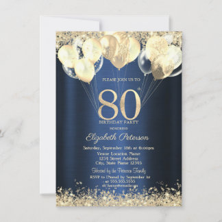 Invitation Balloons Confettis Paillettes Or Bleu 80 ans