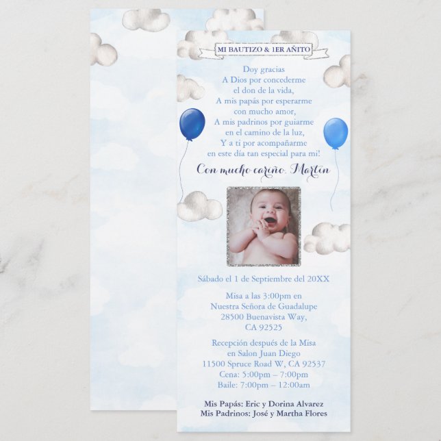 Invitation Balloons Dans Le Ciel Baptême Latino Anniversaire  (Devant / Derrière)