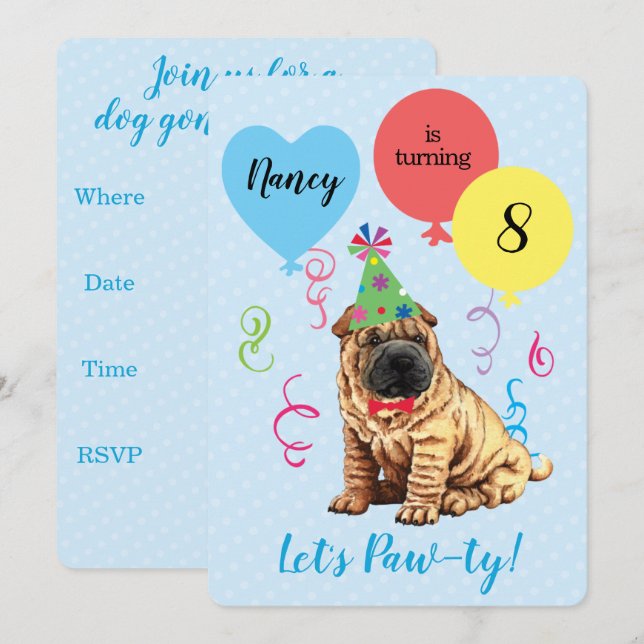 Invitation Balloons de fête d'anniversaire chinois Shar-Pei (Devant / Derrière)