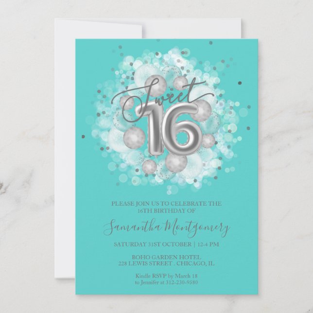 Invitation Balloons de fête d'anniversaire Sweet 16 en feuill (Devant)