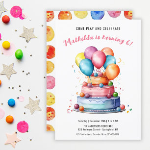 Invitation Balloons de gâteau Rainbow Girls Anniversaire