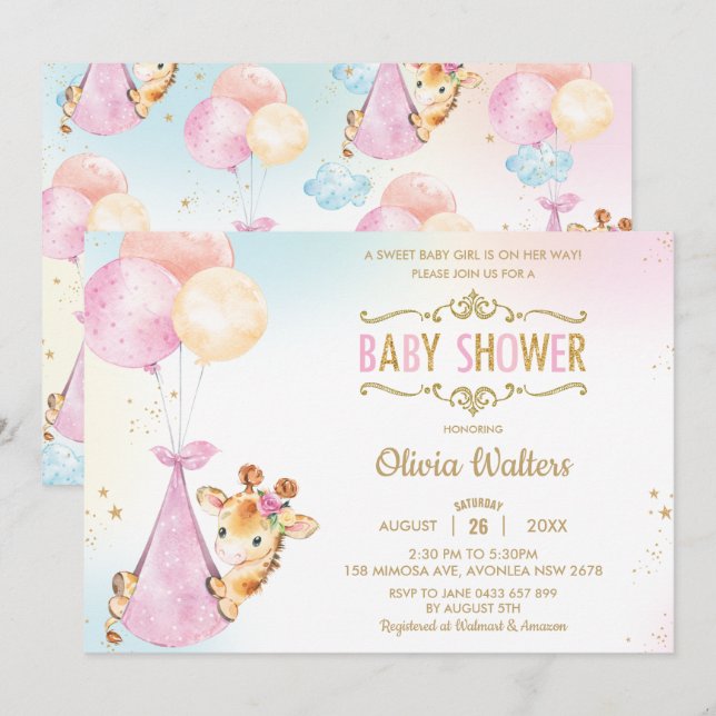 Invitation Balloons de Giraffe en Whimsical Baby shower Girl (Devant / Derrière)