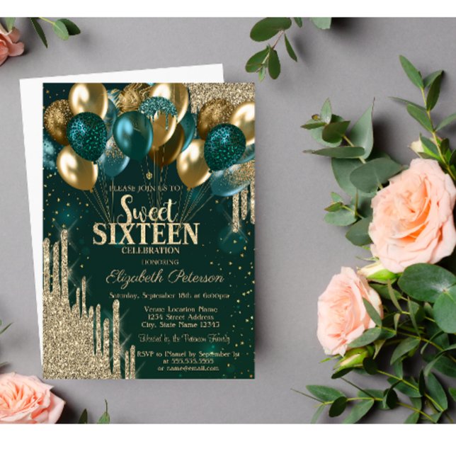 Invitation Balloons de gouttes de paillettes d'or Vert 16 dou (Créateur téléchargé)