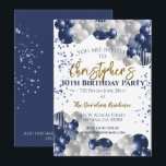 Invitation Balloons de la marine du 30e anniversaire<br><div class="desc">Une magnifique fête du 30e anniversaire ou une invitation à célébrer. Un fabuleux design de ballons bleu marine et argent avec beaucoup d'espace pour vos détails de fête. Elégante invitation à la carte à plat.</div>