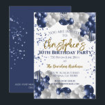 Invitation Balloons de la marine du 30e anniversaire<br><div class="desc">Une magnifique fête du 30e anniversaire ou une invitation à célébrer. Un fabuleux design de ballons bleu marine et argent avec beaucoup d'espace pour vos détails de fête. Elégante invitation à la carte à plat.</div>