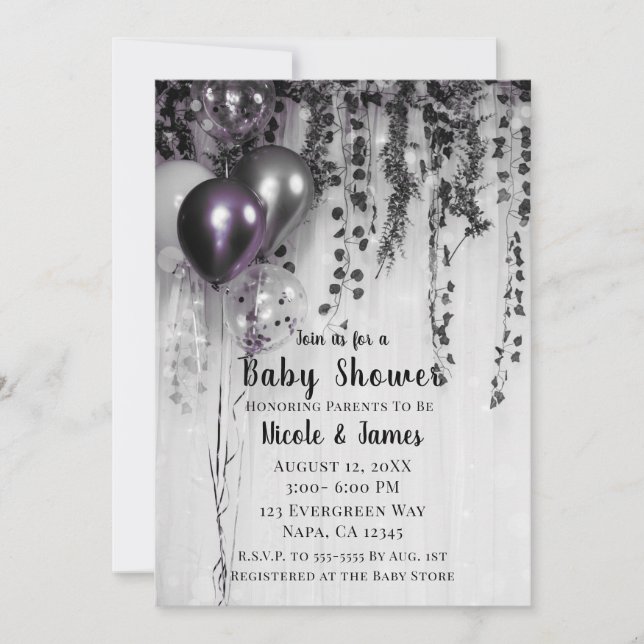 Invitation Balloons de la partie en métal violet Baby shower  (Devant)