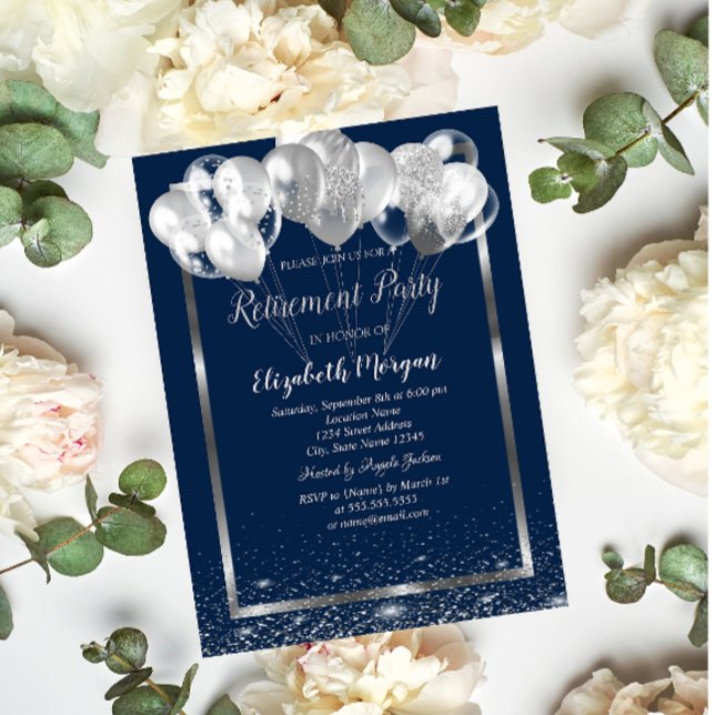 Invitation Balloons de retraite confettis marine cadre argent (Créateur téléchargé)