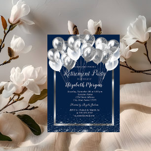 Invitation Balloons de retraite confettis marine cadre argent