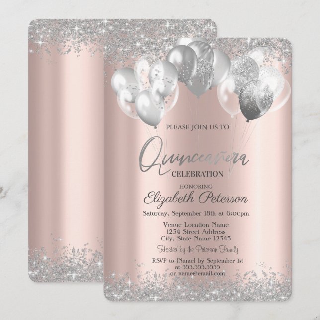 Invitation Balloons Diamants Argent Rose Doré Quinceañera (Devant / Derrière)