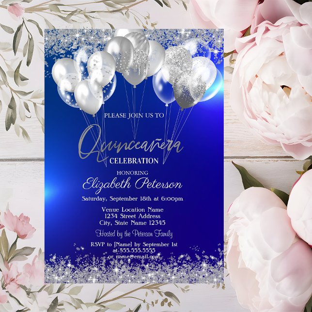 Invitation Balloons Diamants Pailletés Argent Tendances Bleu  (Créateur téléchargé)