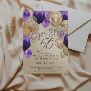 Invitation Balloons d'or moderne violet 50e anniversaire fête