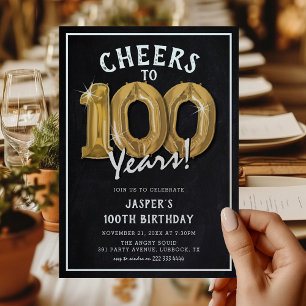 Invitation Balloons d'or Rustic Chalkboard 100e anniversaire