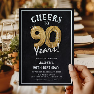 Invitation Balloons d'or Rustique Chalkboard 90e anniversaire