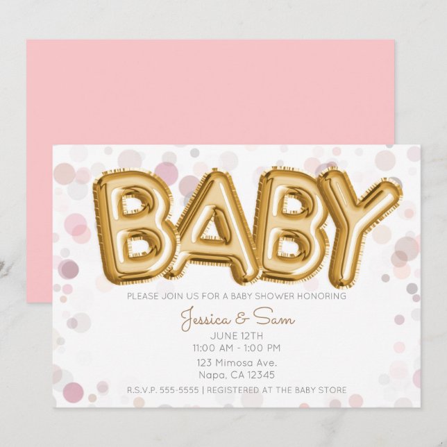 Invitation Balloons dorés pour Baby Shower Moderne et Élégant (Devant / Derrière)