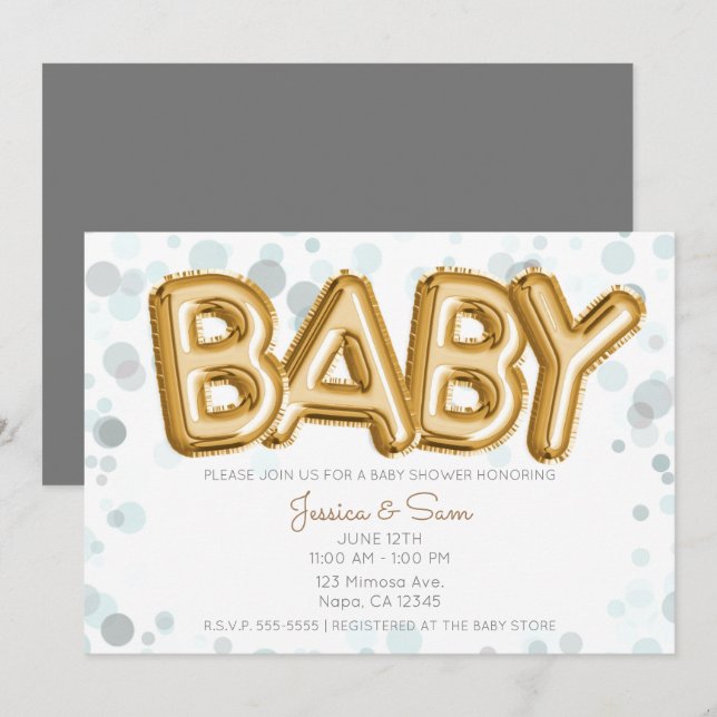 Invitation Balloons dorés pour Baby Shower Moderne et Élégant (Devant / Derrière)