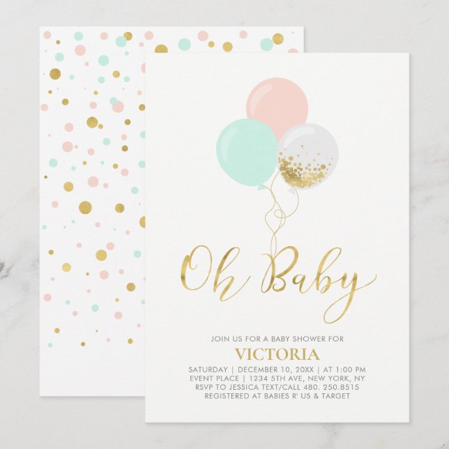 Invitation Balloons Dorés, Roses, Menthe | Oh Bébé Baby Showe (Devant / Derrière)