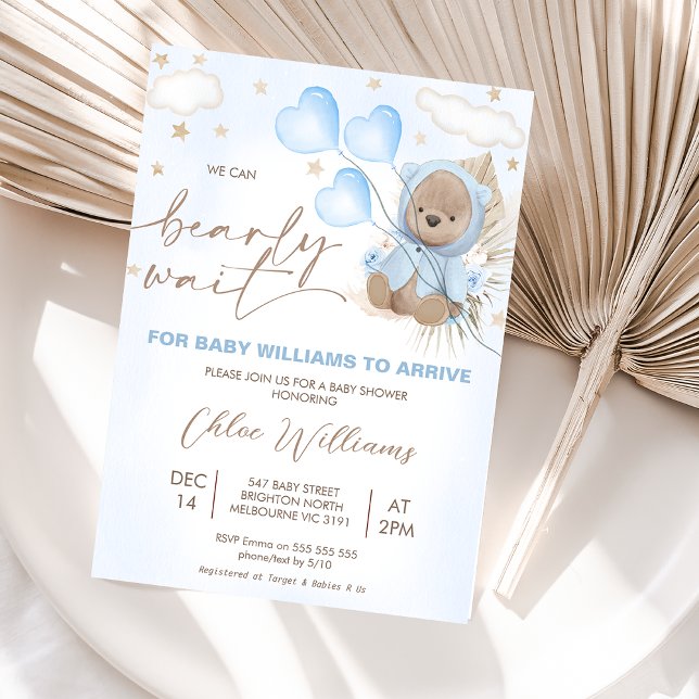 Invitation Balloons d'Ours Beige Brown Baby shower Etoiles (We can bearly wait for baby to arrive baby shower invitation with blue heart shaped balloons.)