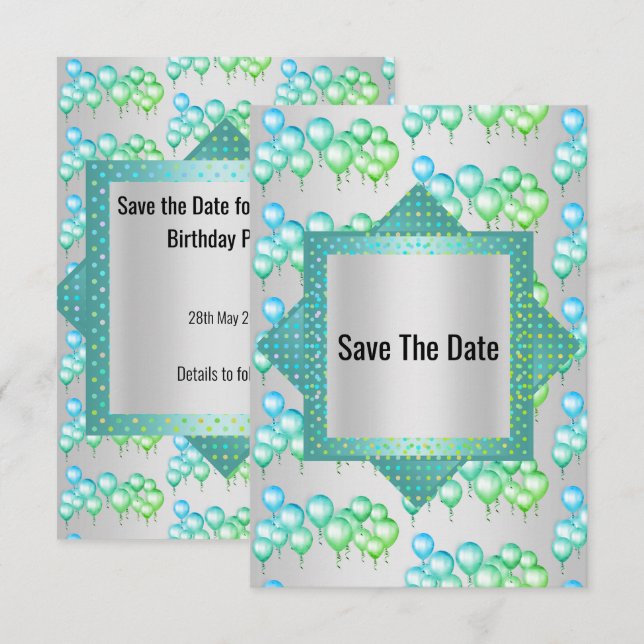 Invitation Balloons Économisez la Date Vert Argent Clair (Devant / Derrière)