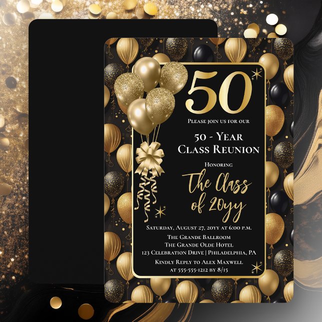 Invitation Balloons élégants noirs dorés Réunion de classe 50 (Elegant 50 Year Black and Gold Tone Faux Glitter Balloons Class Reunion Invitations)