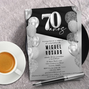 Invitation Balloons élégants noirs et argent pour fête des 70